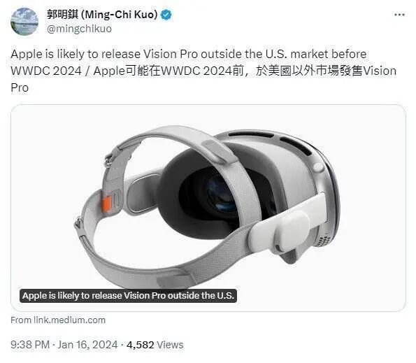 蘋果稱Vision Pro是終極娛樂設備，或在6月前向海外發售