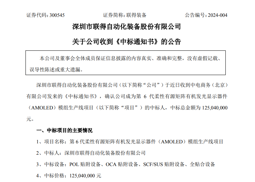 總金額為1.25億元！聯得公告中標G6 AMOLED模組產線項目
