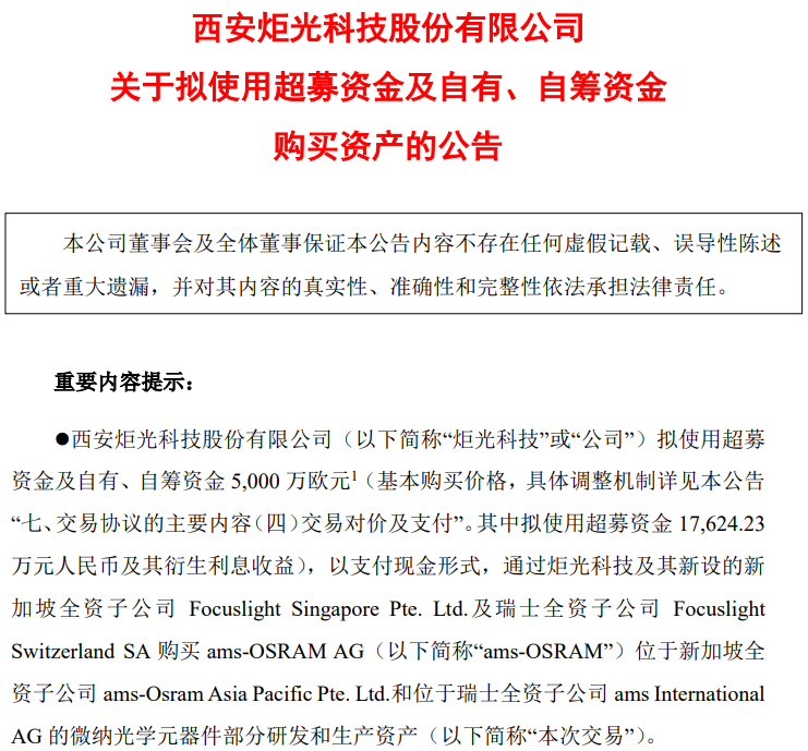 近4億元，炬光科技擬購買艾邁斯歐司朗微納光學元器件資產