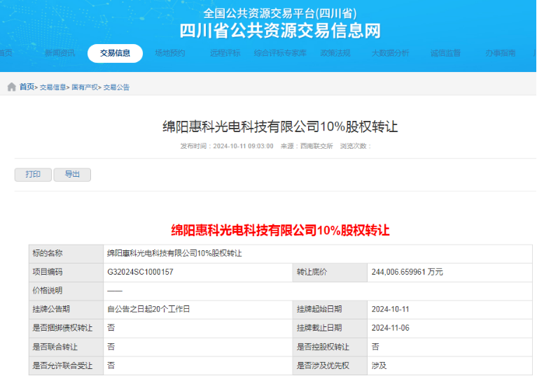 底價(jià)24.4億元，綿陽(yáng)惠科轉(zhuǎn)讓10%股權(quán)
